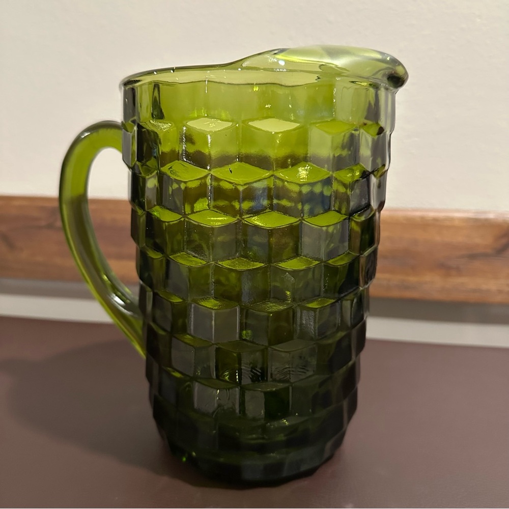 Vintage 60s Indiana Glass Colony Whitehall Cubist Avocado Green Glass Pitcher